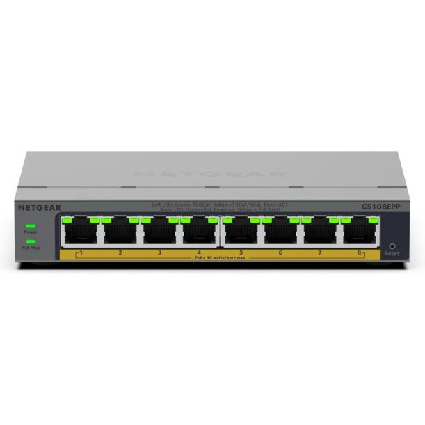 NETGEAR GS108EPP Non-géré Gigabit Ethernet (10/100/1000) Connexion Ethernet, supportant l'alimentation via ce port (PoE) Montage sur le bureau ou sur le mur Gris