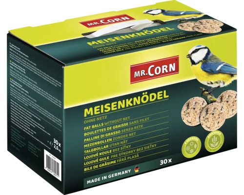 Vogelvoer Mr. Corn vetbollen, 30 stuks zonder net in kartonnen doos, vogelvoer voor het hele jaar, Ambrosia-gecontroleerd, Gemaakt in Duitsland