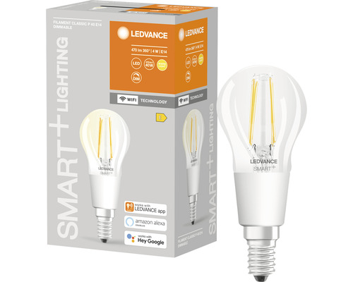 Ledvance Smart WIFI Filament LED Druppellamp Dimbaar P40 E14/4W (40W) Helder 470 lm 2700 K Warm Wit