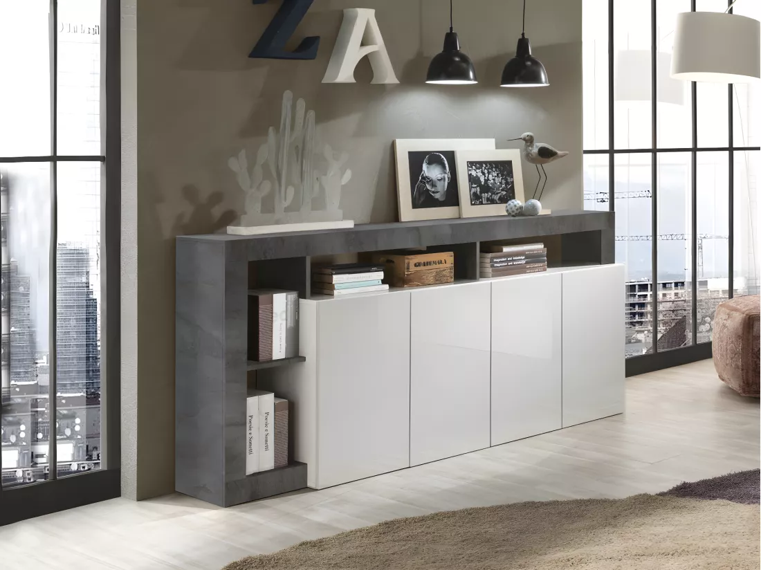 Buffet SEFRO - 4 portes et 4 niches - Blanc laqué et béton