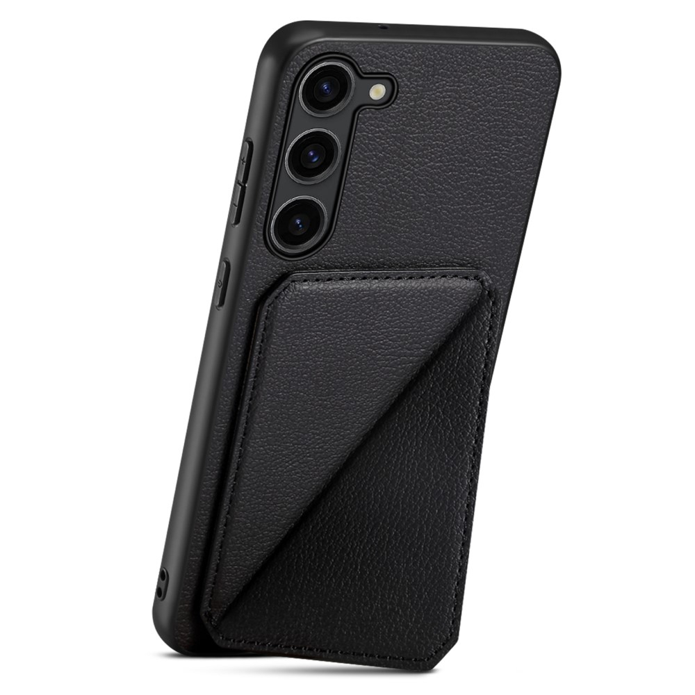 Samsung Galaxy S24  Plus Leder Hülle mit Kartenfach   Origami Kickstand Aufsteller im Litchi Look - Schwarz