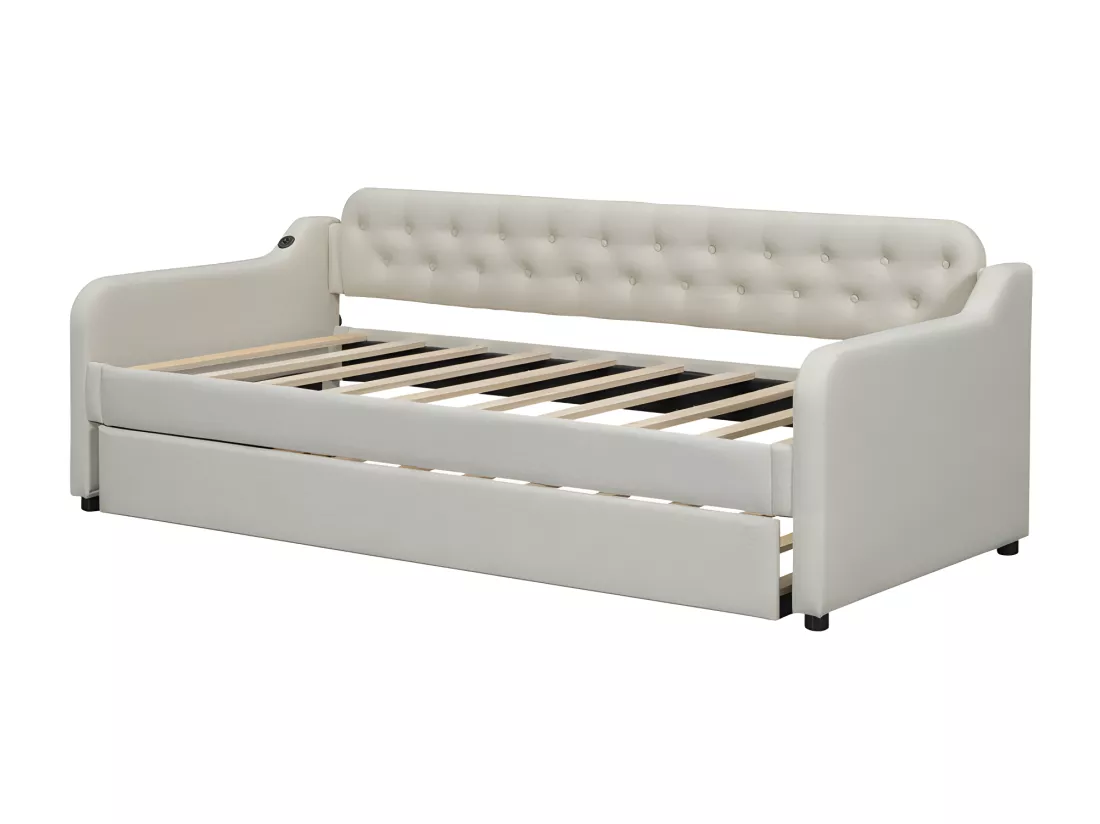 Lit gigogne 90x200cm - avec Port USB - tissu en Lin - Beige