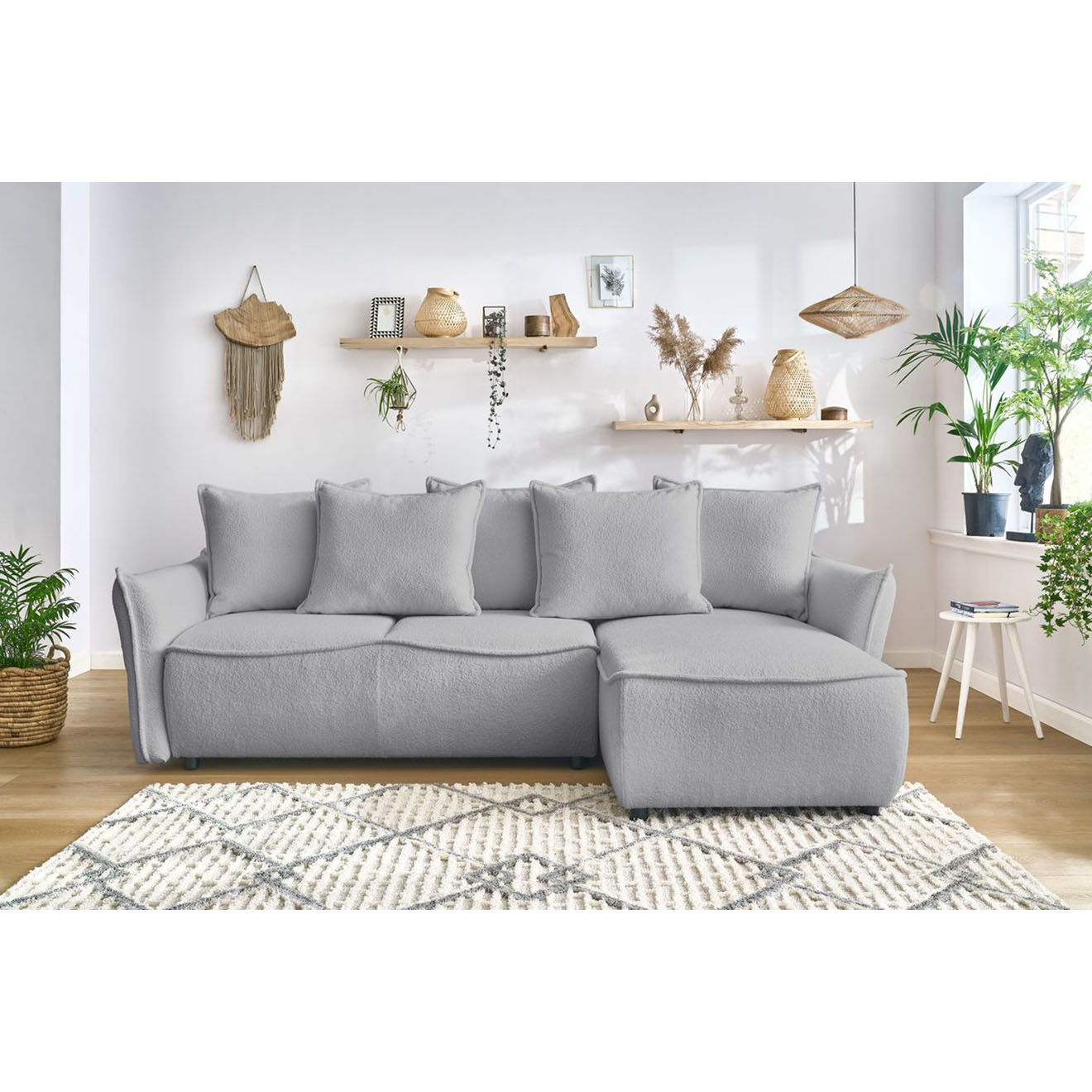 Bobochic Canapé d'angle droit convertible bouclette Léon gris clair - 242x158x90 cm