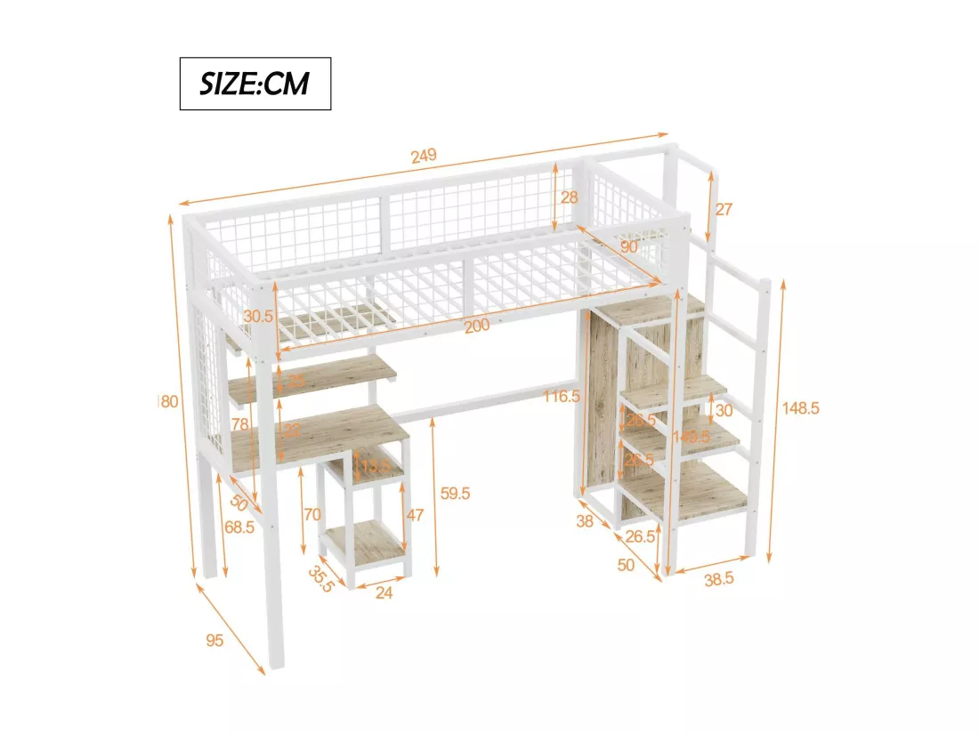 Lit mezzanine 90x200 cm avec bureau, étagères, escalier et armoire - cadre en métal - Blanc
