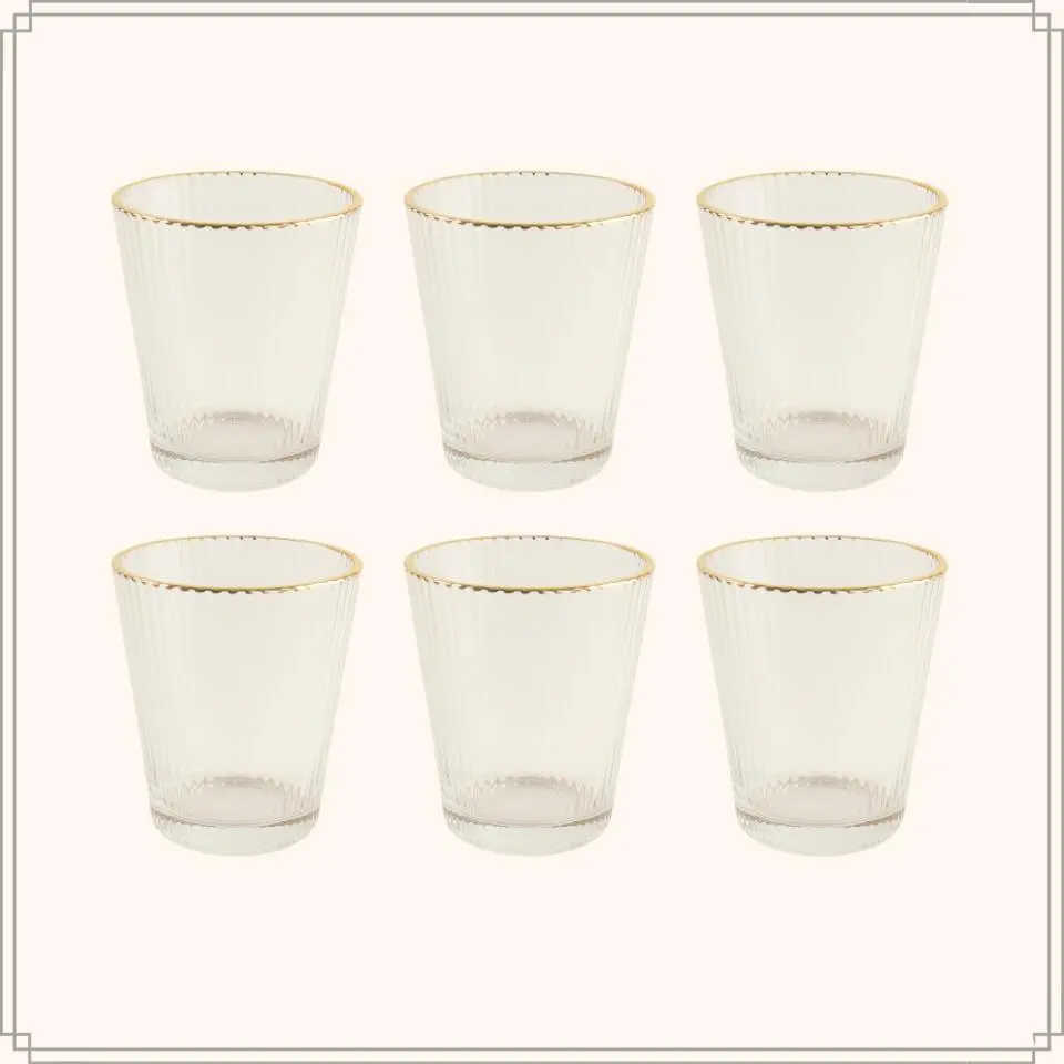 OTIX Waterglazen Set van 6 Stapelbaar 350 ml Met gouden rand Reliëf Ribbel