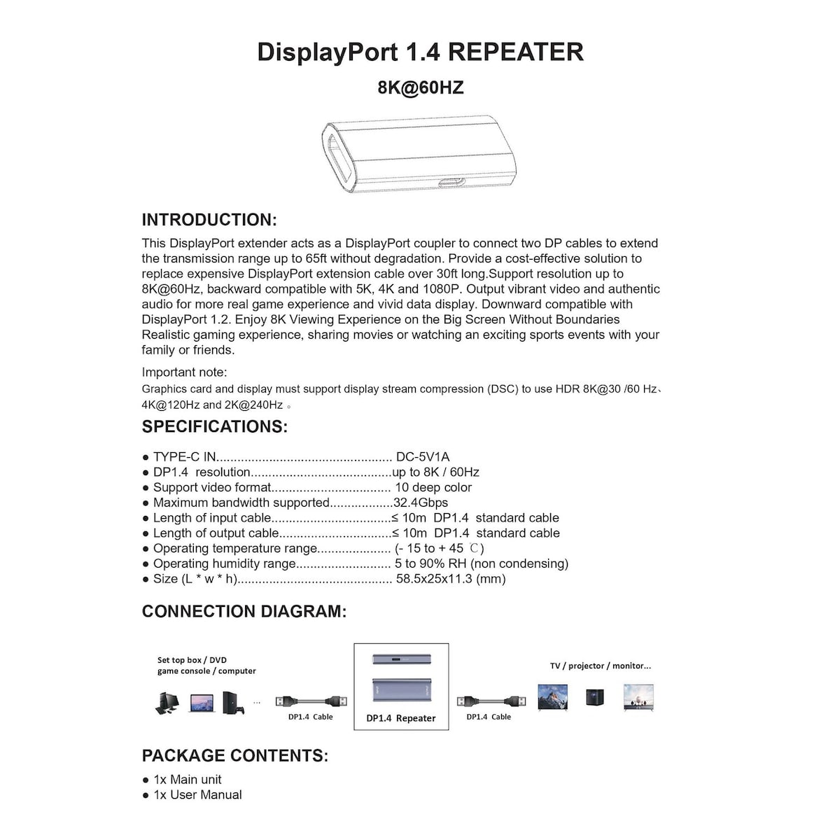 NÖRDIC Displayport 1.4 signalforsterker 8K60Hz