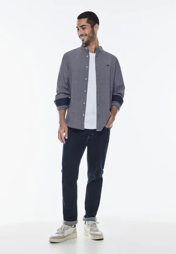 Struktur Stehkragen Hemd - deep blue chambray