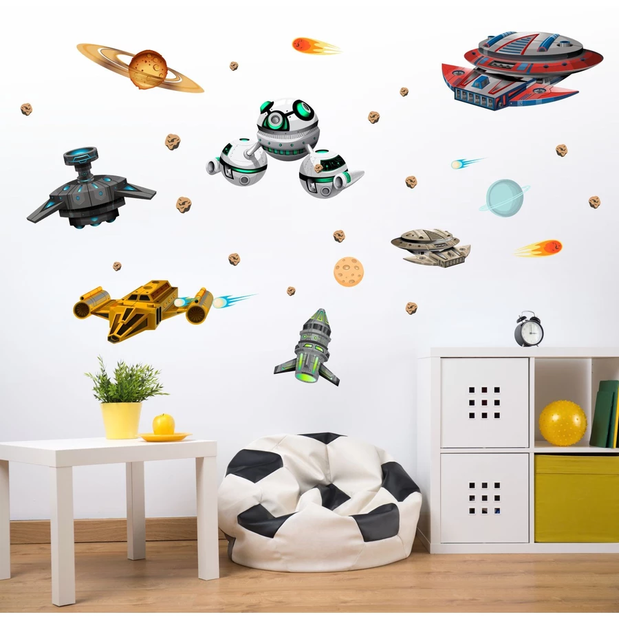 Nikima Wandtattoo 022 Wandtattoo Raumschiffe UFO Space Shuttle Planet Weltall Meteorit bunt