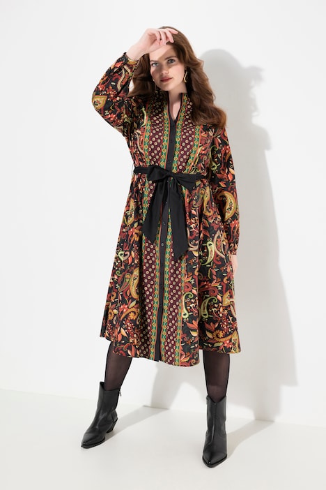 Midikleid, Landhaus-Druck, A-Linie, Kelchkragen, Langarm