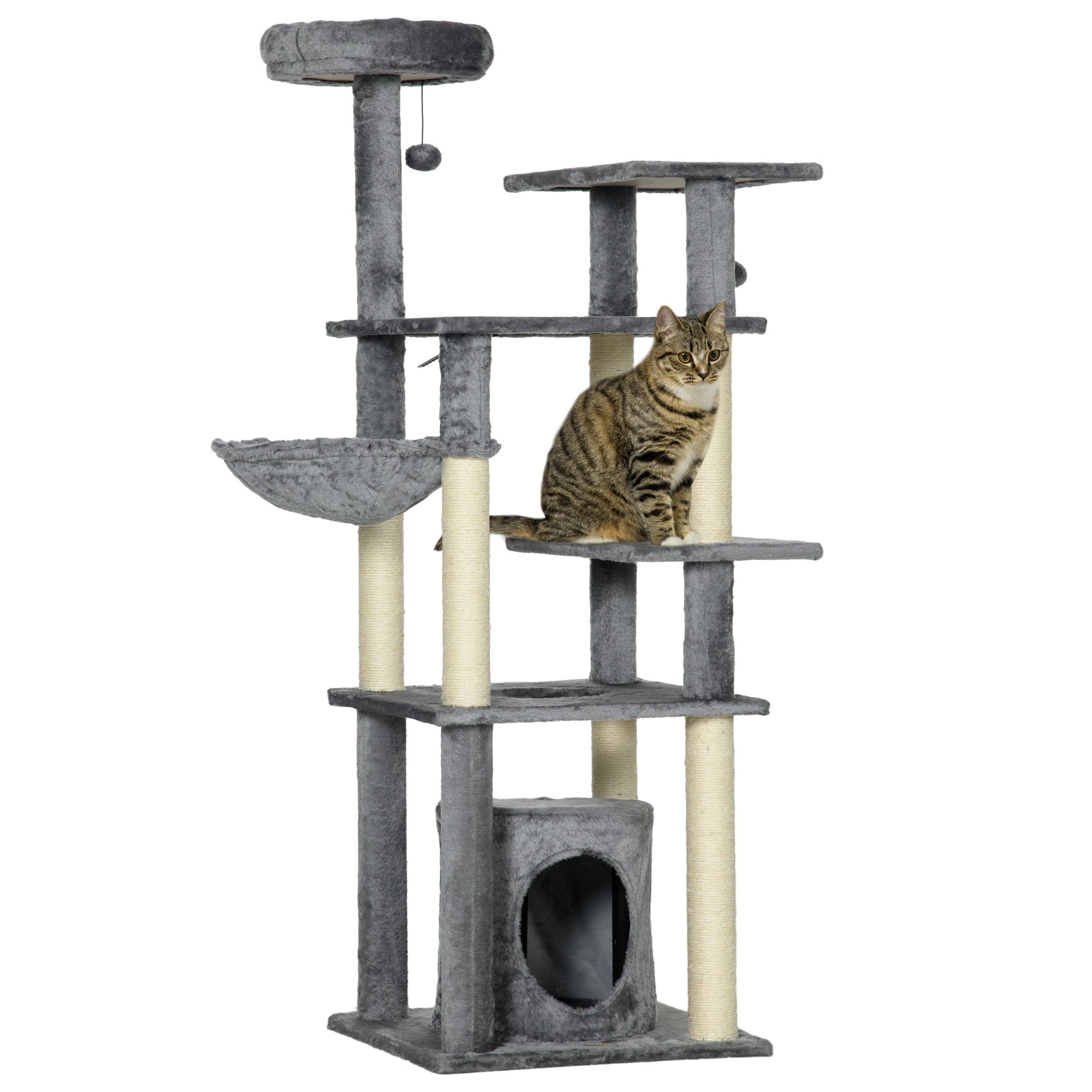Árvore para Gatos PawHut Grande de 144cm, Torre para Gatos de Interior com Postes para Arranhar, Cama, Caverna, Plataformas e Bolas Penduradas, 49x49x144cm, Cinza