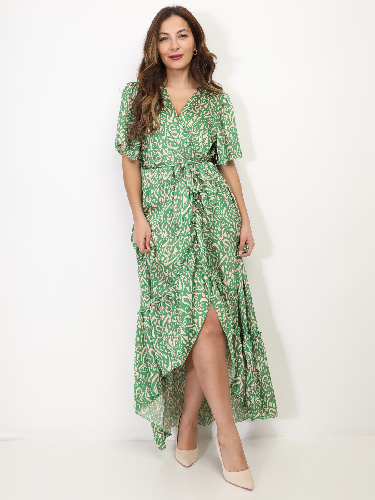 Robe longue cache-cœur à volants- Vert
