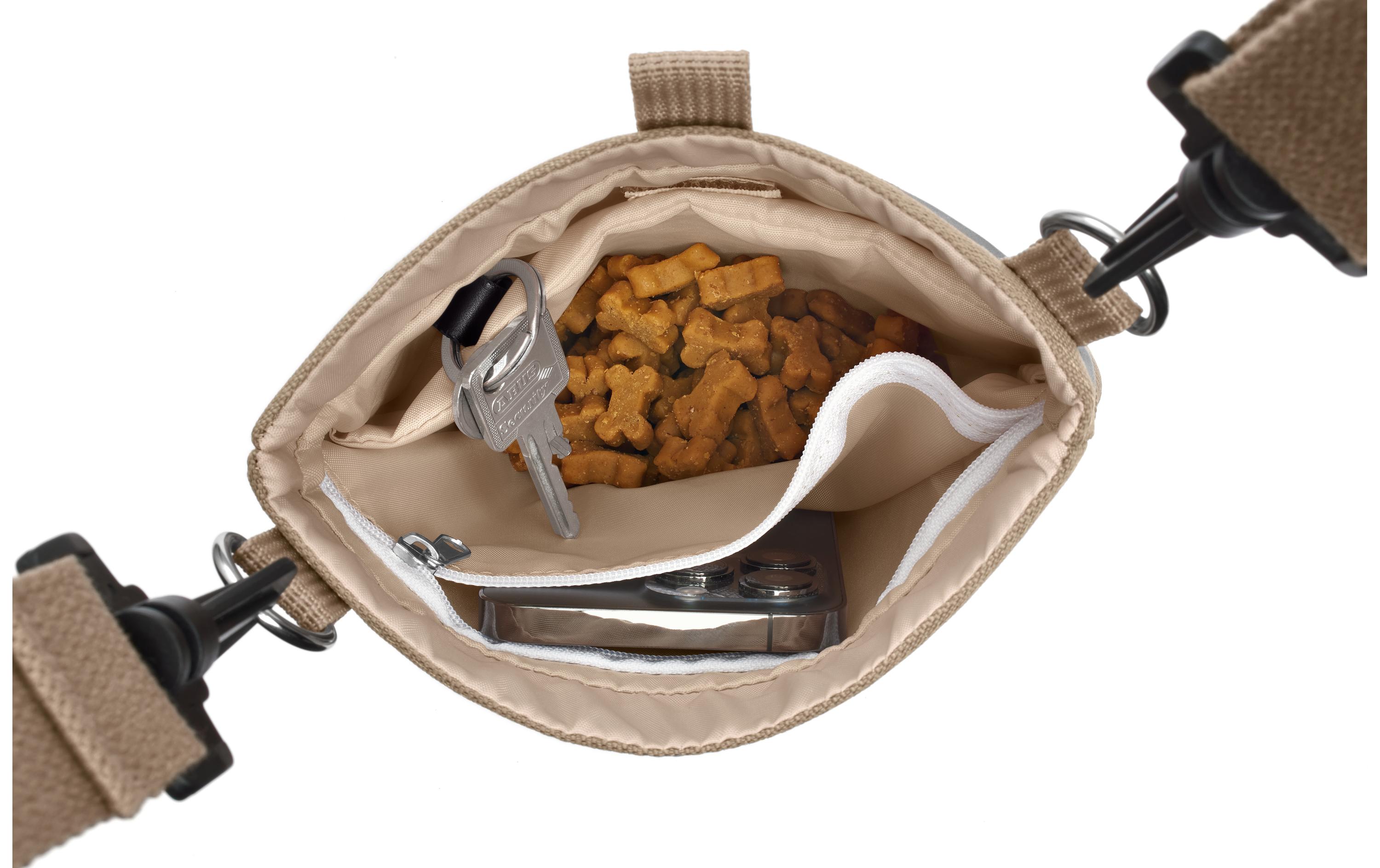 Umhänge-Snackbeutel Alva, 18 x 20 cm, BeigeBefüllbarer Snackbeutel zum Umhängen oder Befestigen am Gürtel