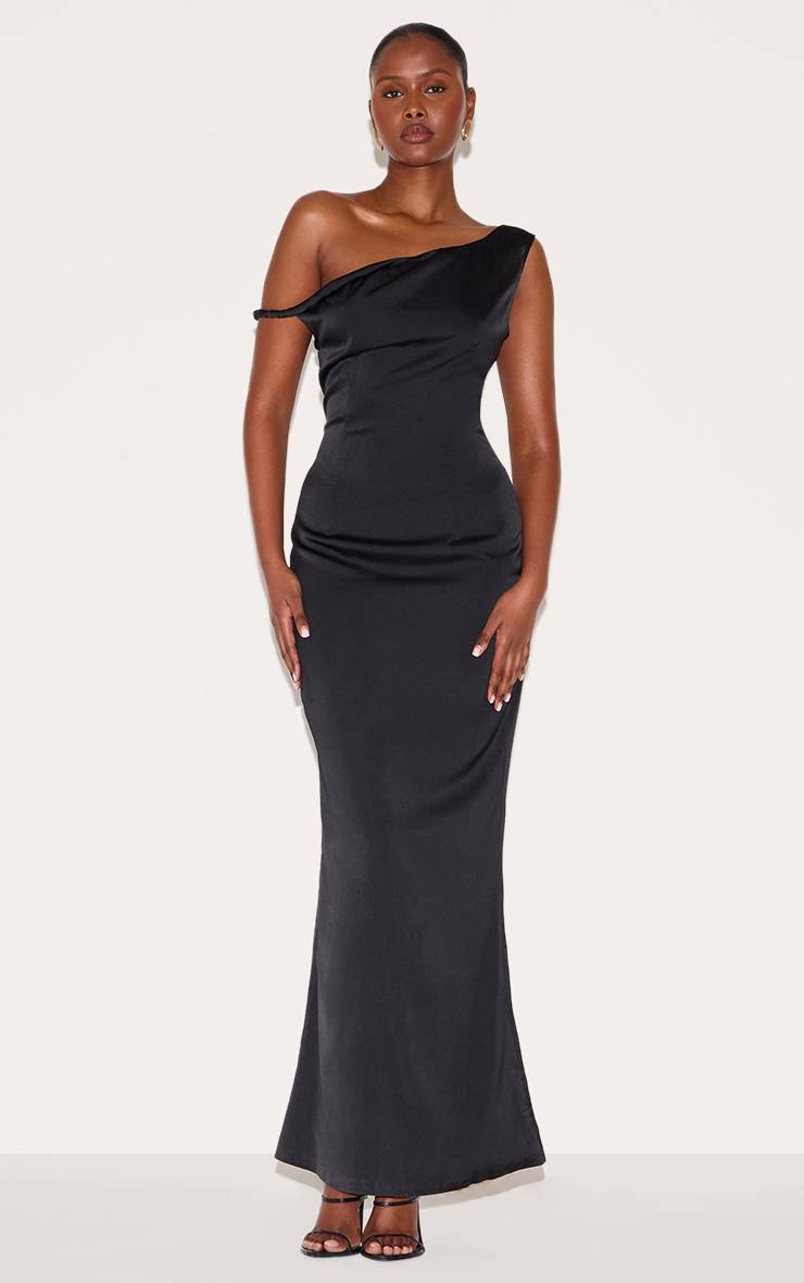 Noir Robe Longue Asymétrique En Satin Avec Col Bardot Torsadé