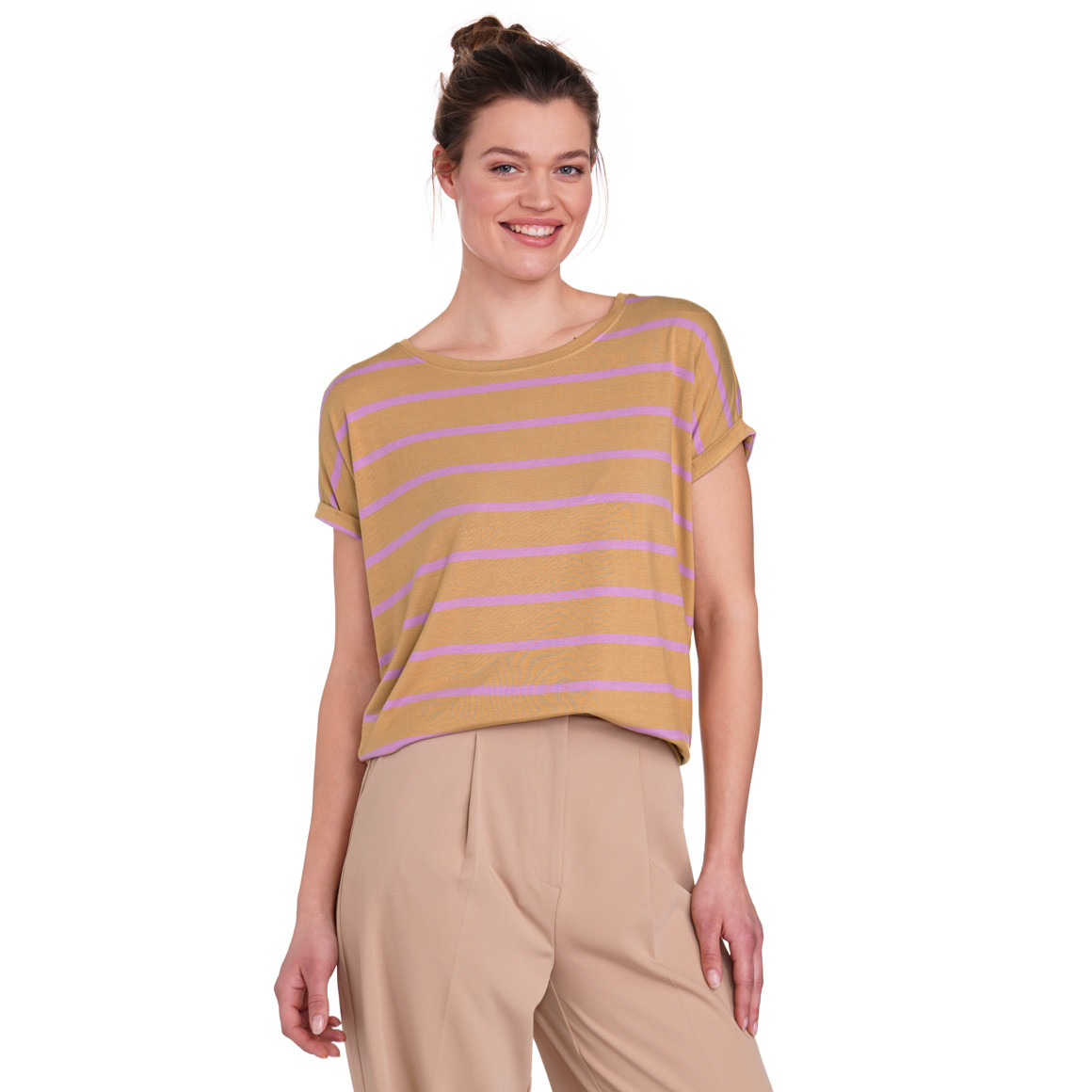 Gina Benotti Damen T-Shirt mit Streifen beige / helllila