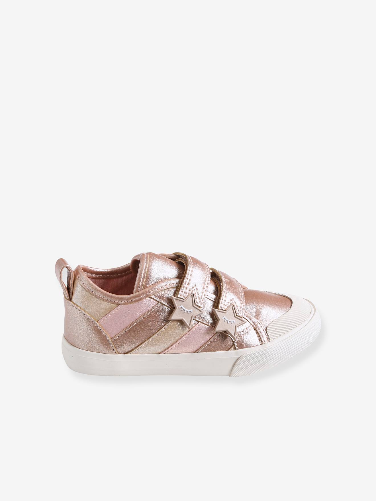 Tênis infantil feminino com fecho de velcro, ideal para pessoas com necessidades especiais que precisam de independência, rosa metálico claro.