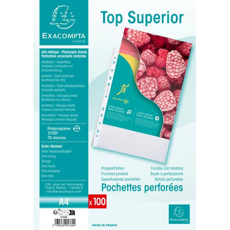 Sachet de 100 pochettes perforées polypropylène grainé Qualité + - A4 - Cristal