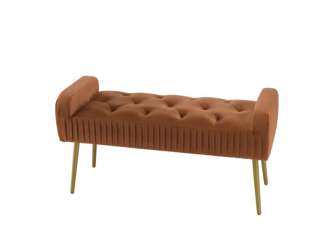 ALBANE - Banc de lit en velours orange pieds métal doré
