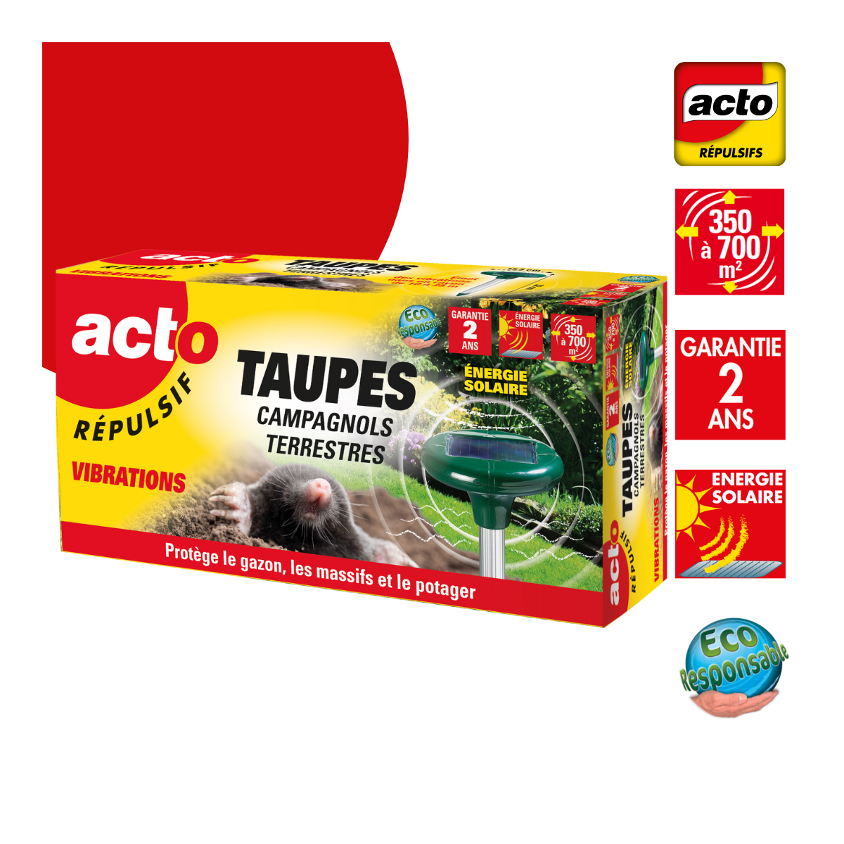 Répulsif taupes campagnols terrestres à énergie solaire - 350m²