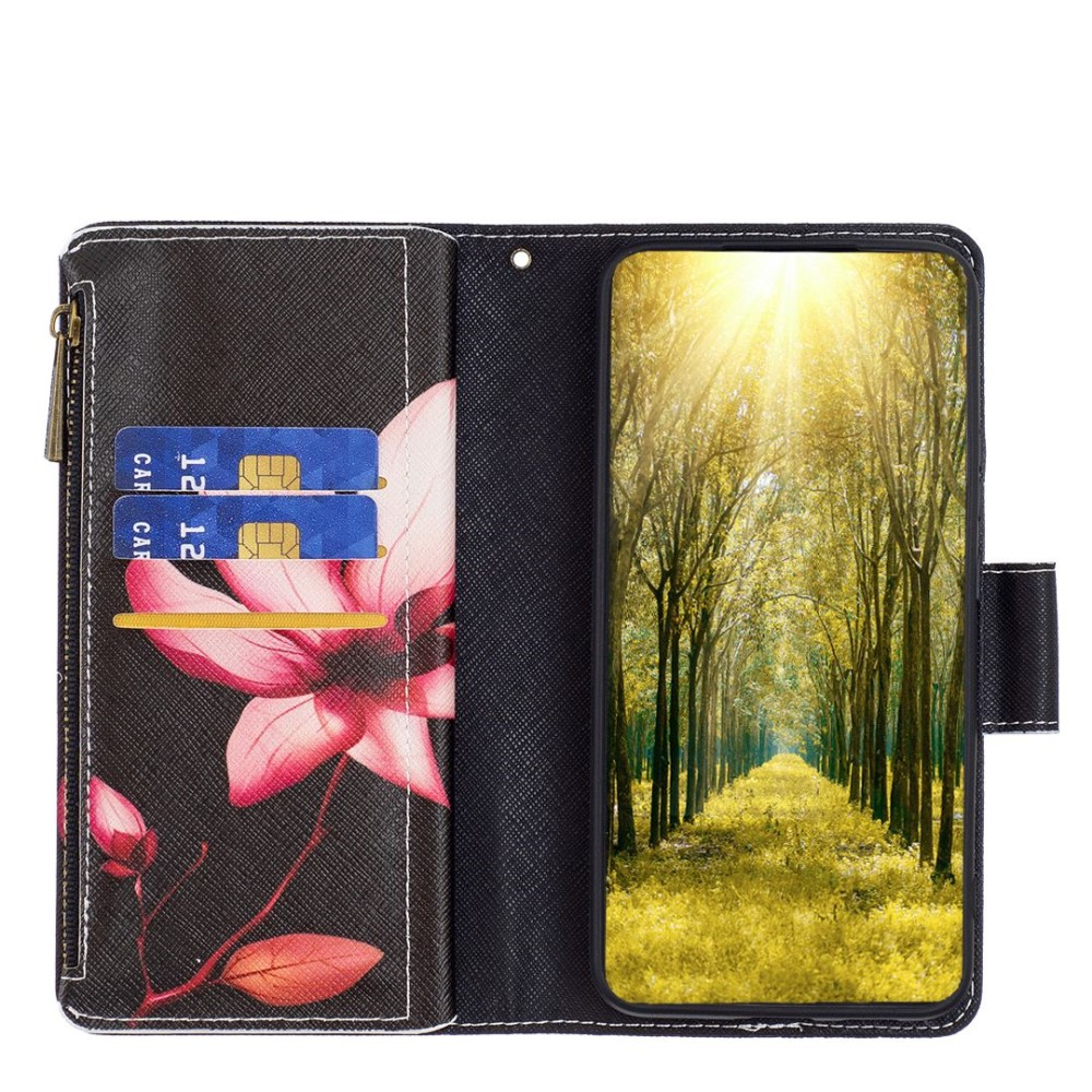 Samsung Galaxy S23 Ultra 5G Leder Wallet Etui Tasche mit 9 Kartenfächern   Münzfach - Pinke Blumen