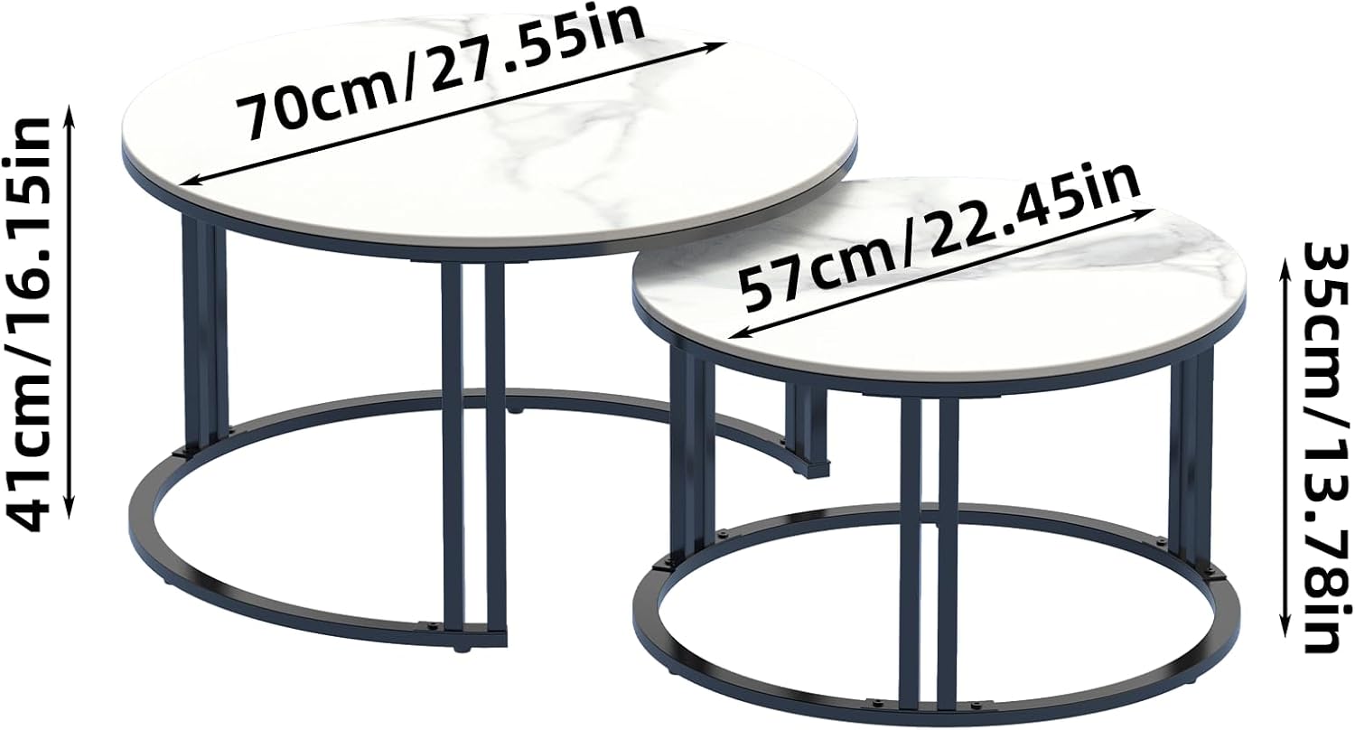FATIVO Couchtisch Rund 2er Set Marmor Satztisch, Couchtischset Weiß Wohnzimmertisch mit schwarz Metallrahmen fürs Wohnzimmer, Beistelltisch für Schlafzimmer Balkon - Klein 35×57×57cm / Groß 41×70×70cm