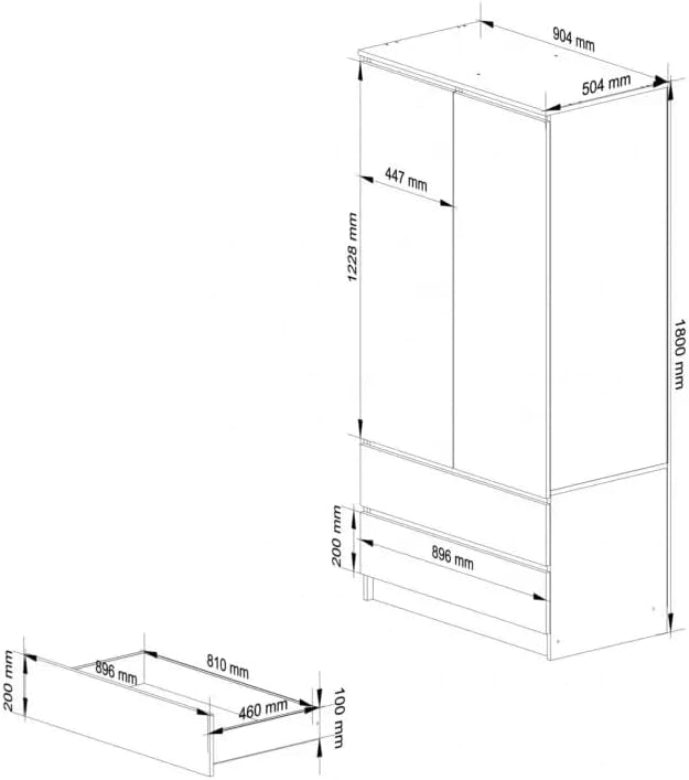 BDW Kleiderschränk 2 Türen, 4 Einlegeböden, Kleiderständer, 2 Schubladen, Mehrzweckschrank, Schubladenschrank, Garderobenschrank für Schlafzimmer, Wohnräume, 180x90x51cm, Weiß