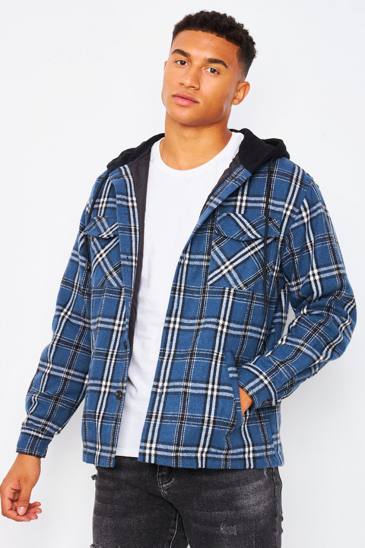 Surchemise bleue à carreaux avec capuche
