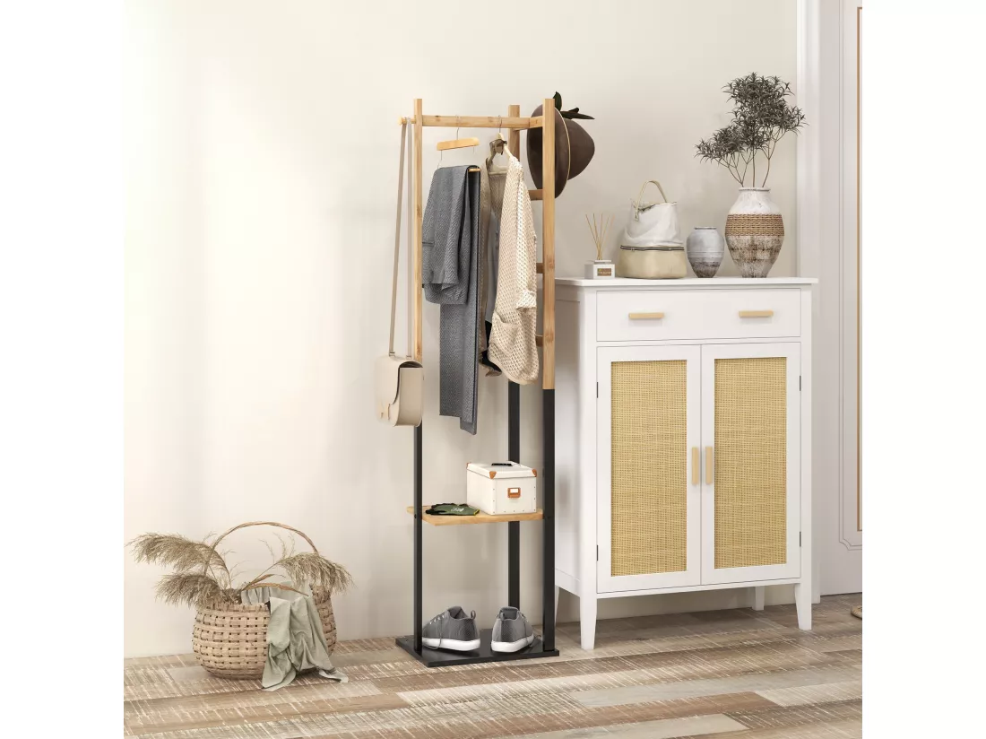 Portant pour vêtements en bambou, Porte-manteau en Bois avec tringle, étagères, patère, 4 barres latérales dim. 46L x 28,5l x 153,5H cm