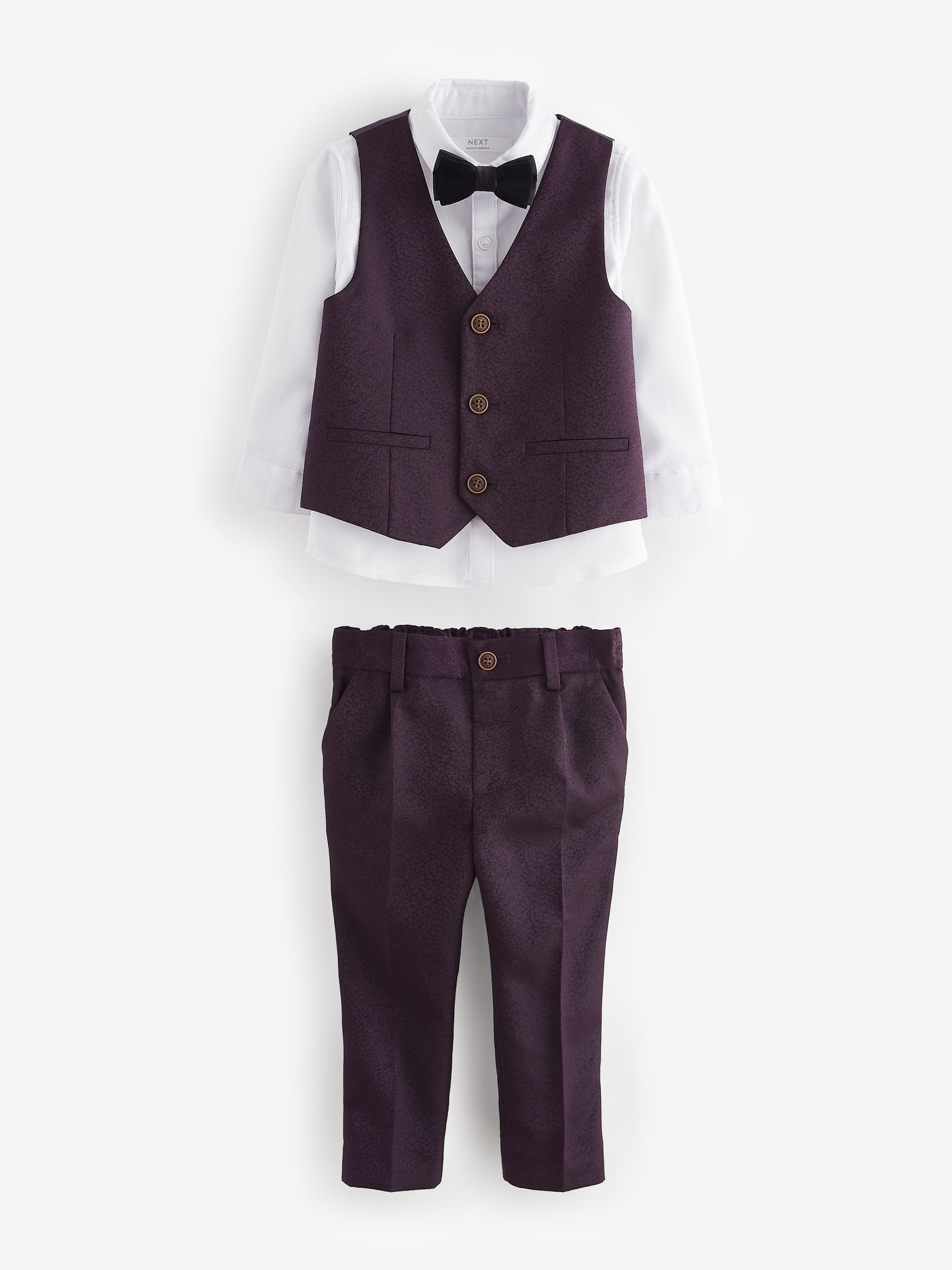 Paarsblauw - Set van gilet, shirt, broek en vlinderstrikje (3mnd-9jr)