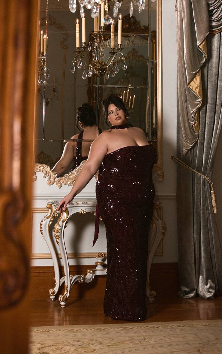 Rouge Bordeaux Robe Maxi Bandeau Grande Taille À Détail Foulard Et Sequins