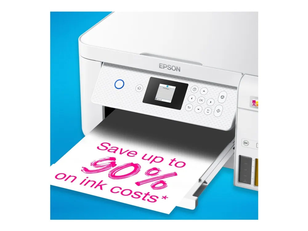 Epson EcoTank ET-2856 - Multifunktionsprinter - farve - blækprinter - kan genopfyldes - A4 (medie) - op til 10.5 spm (udskriver) - 100 ark - Wi-Fi, USB - hvid
