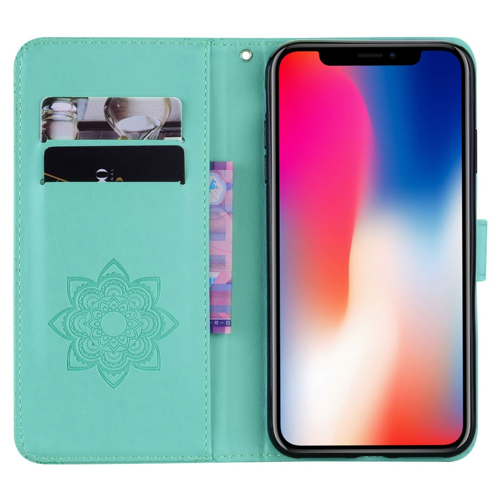 iPhone 14 Pro Max Leder Tasche Wallet Eulen Mandala Imprint - Türkis