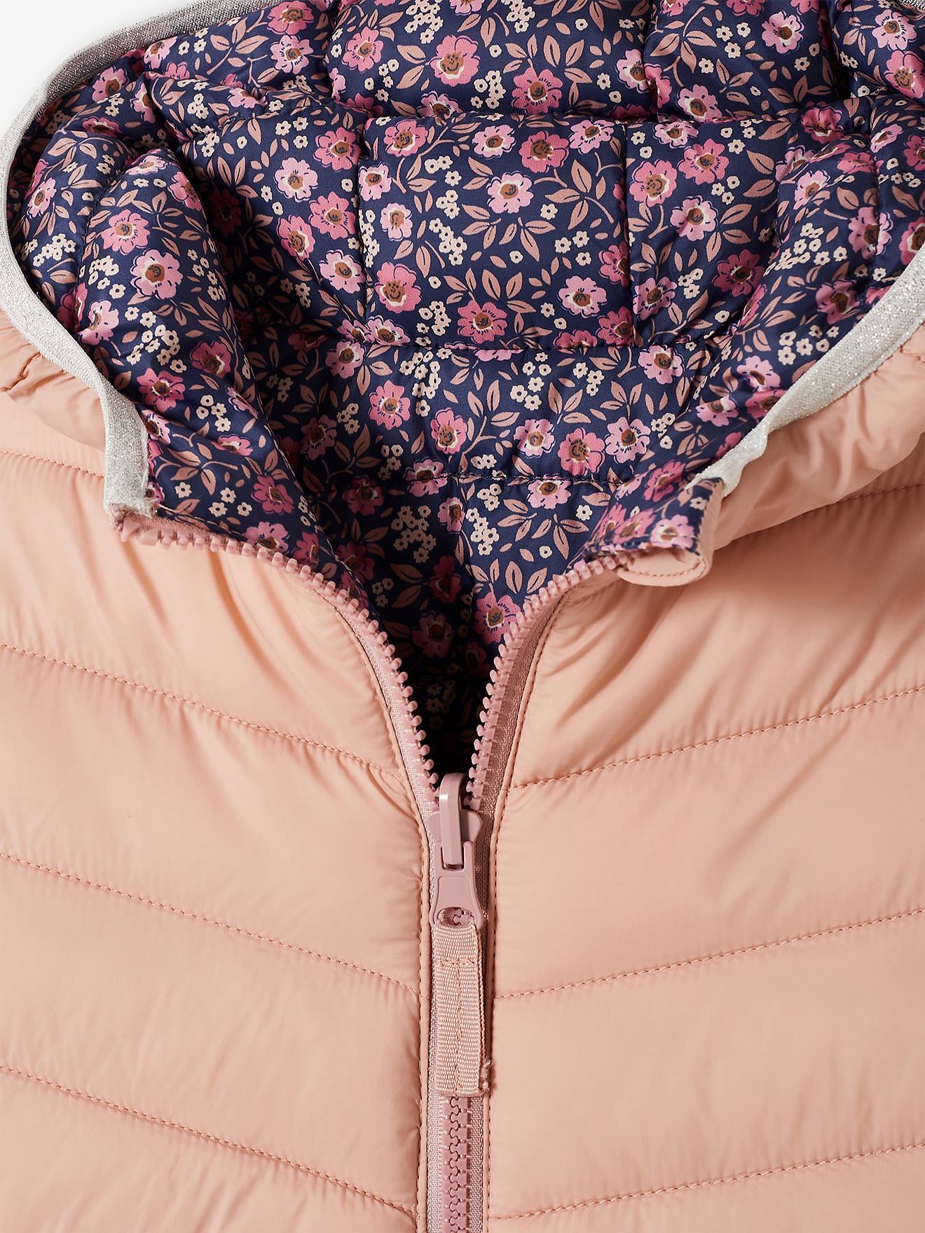 Jaqueta reversível leve com capuz para meninas, estampa rosa vibrante.