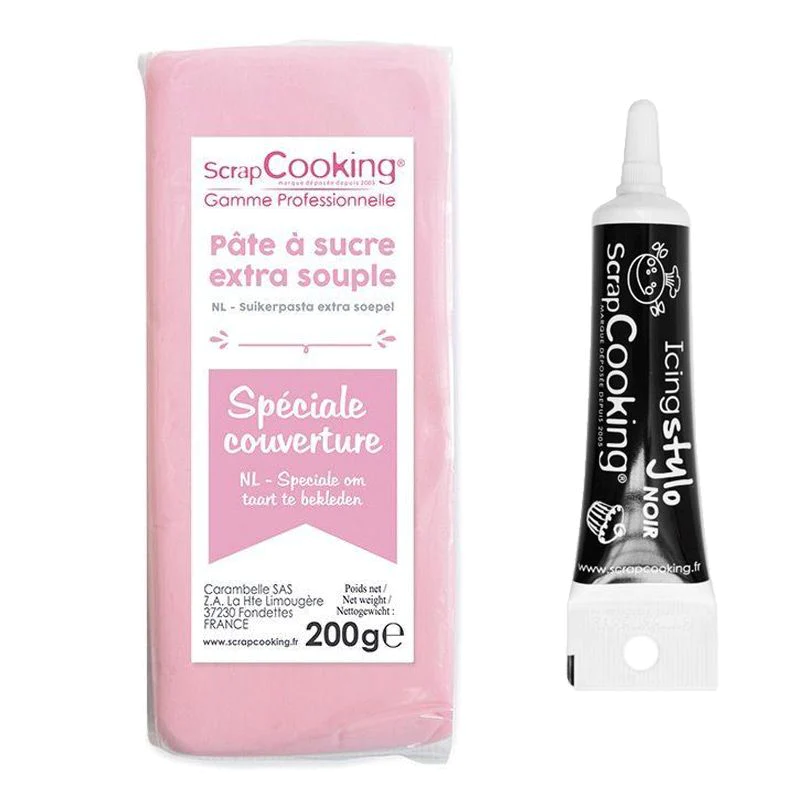 Pâte à sucre de couverture rose 200 g + Stylo de glaçage noir Scrapcoo