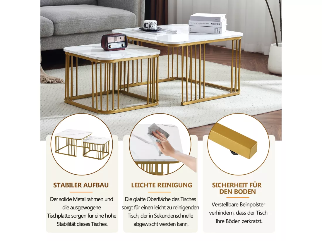 Lot de 2 tables basses carrées aspect marbre brillant - 70x70x45cm et 50x50x36,5cm - Bois MDF - Blanc