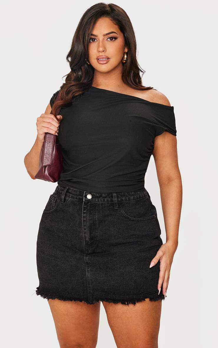 Noir Jupe Mini En Denim Délavé À Ourlet Brut Grande Taille