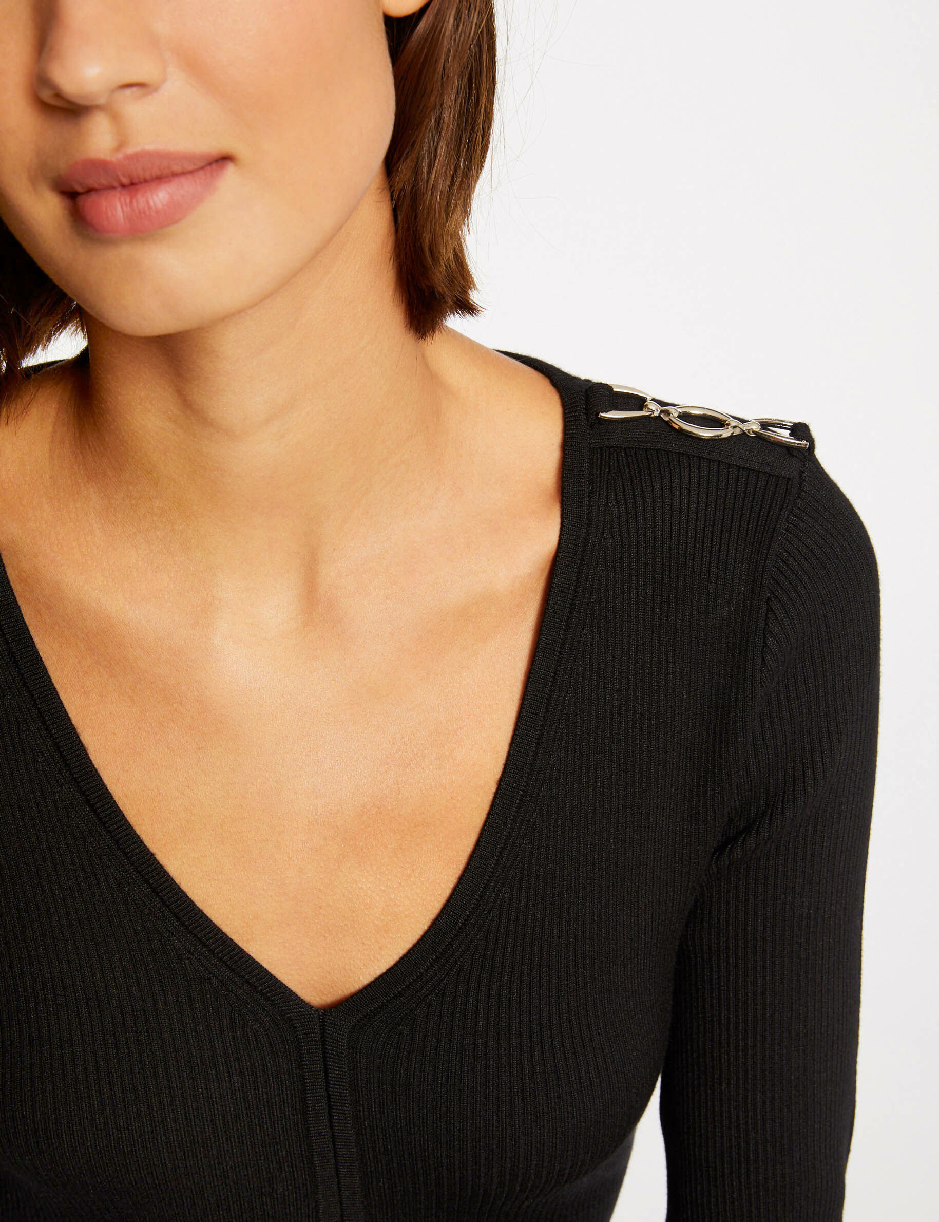 Pull manches longues avec col en V noir femme - noir