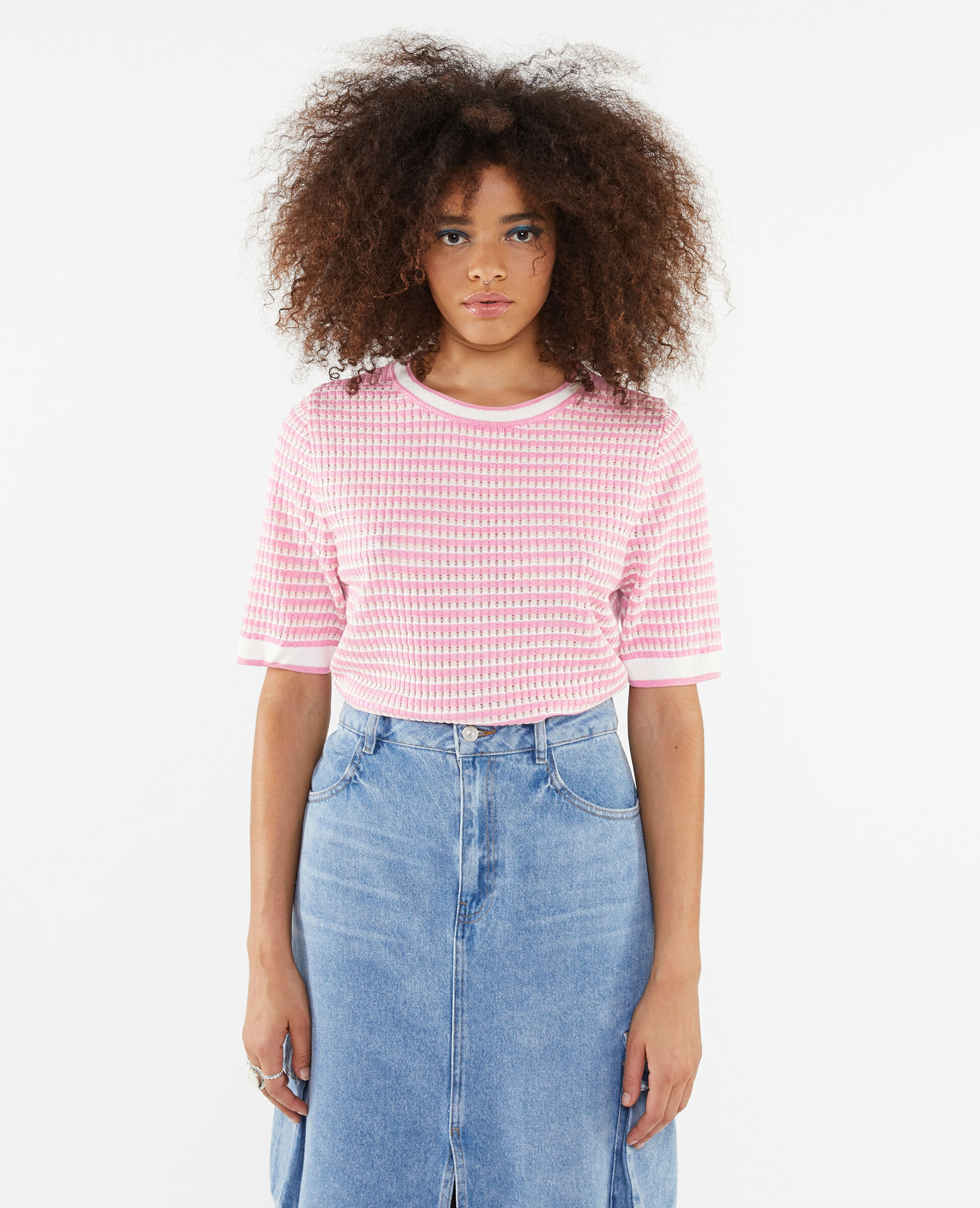 Pull ajouré manches courtes - Rose