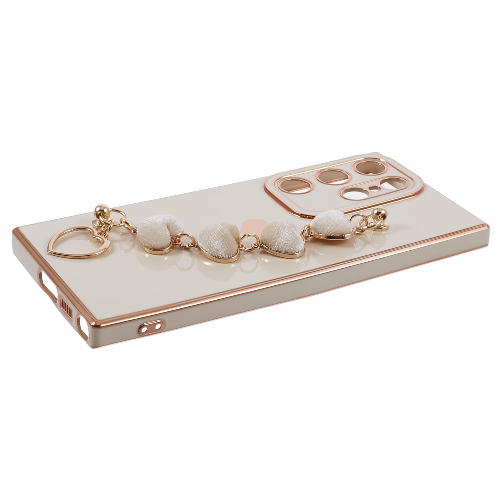 Samsung Galaxy S23 Ultra 5G Gummi Hülle mit Plüsch Herz Kette Handschlaufe   Kameraschutz - Beige / Gold