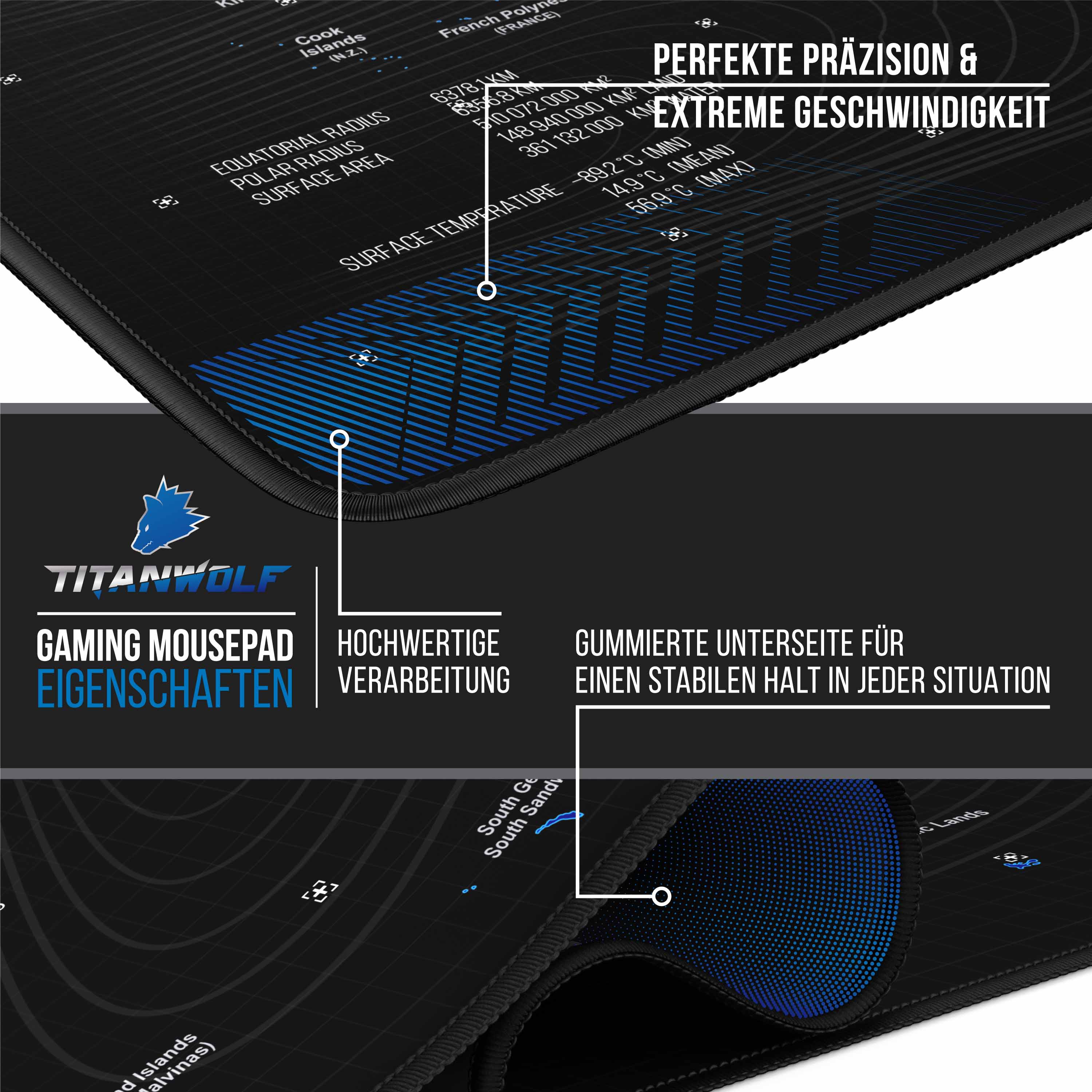 Titanwolf Gaming Mauspad, 900 x 400mm XXL Mousepad, verbessert Präzision & Geschwindigkeit, Welktarte blau