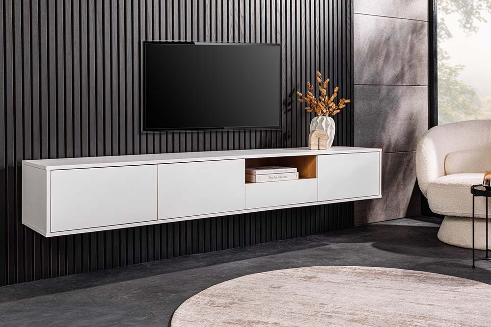 Hängendes TV-Board LOFT 200cm weiß natur sieben Fächer mit Schublade