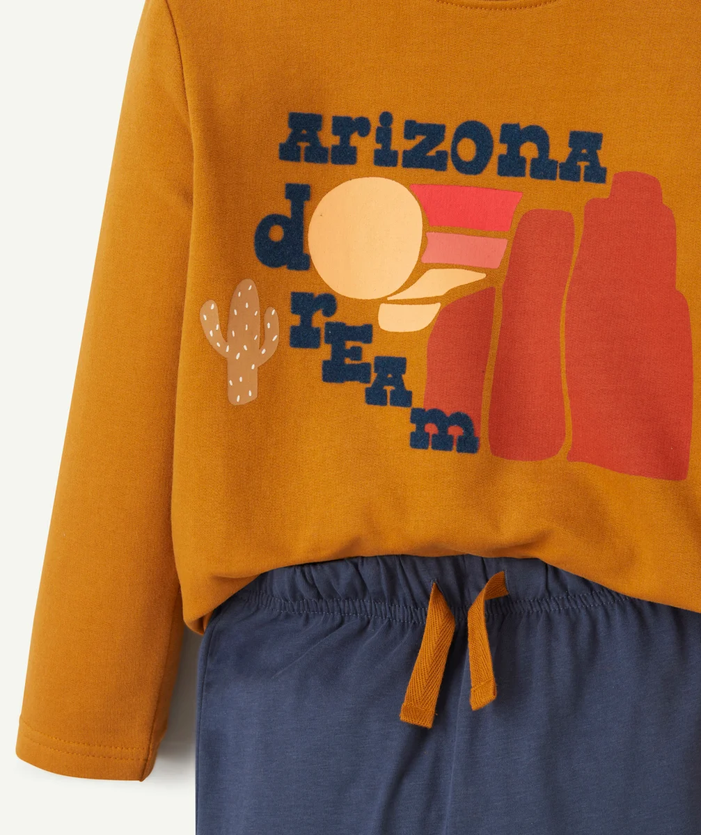 PYJAMA GARÇON EN COTON BIO MARRON ET BLEU AVEC MESSAGE ET MOTIFS