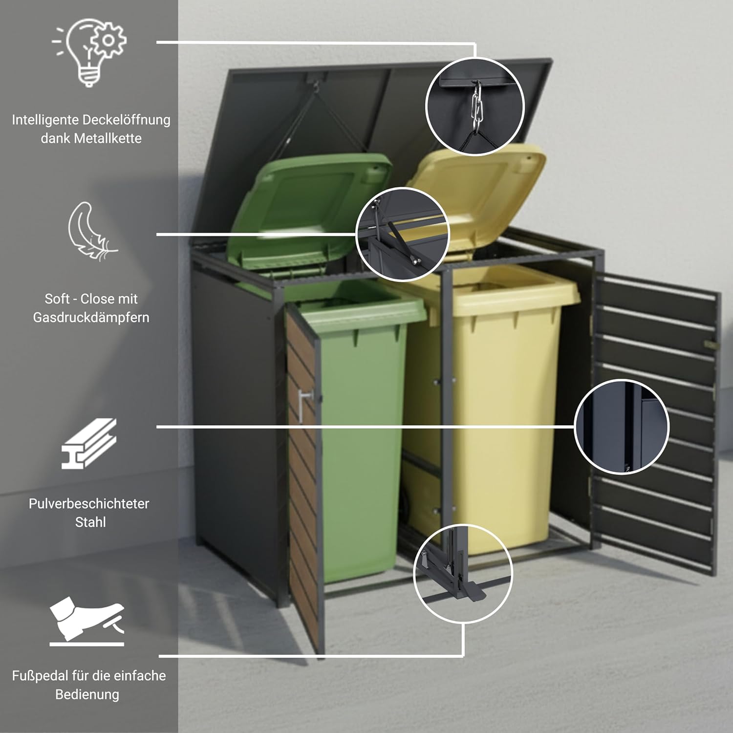 Mülltonnenbox Metall Anthrazit für 2×240L - Premium Mülltonnenverkleidung mit Fußpedal, pulverbeschichtet, Holzoptik-Front – W132×D80×H116 cm