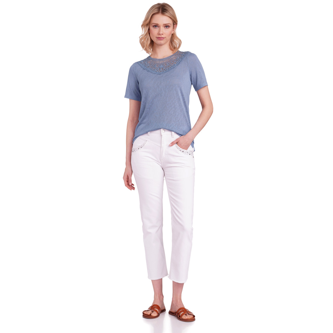Gina Damen T-Shirt mit Spitzenausschnitt blau