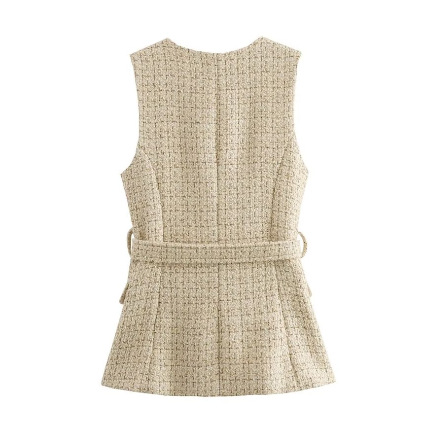 Cumulys - Tweed vest met ronde hals en riem en knopen