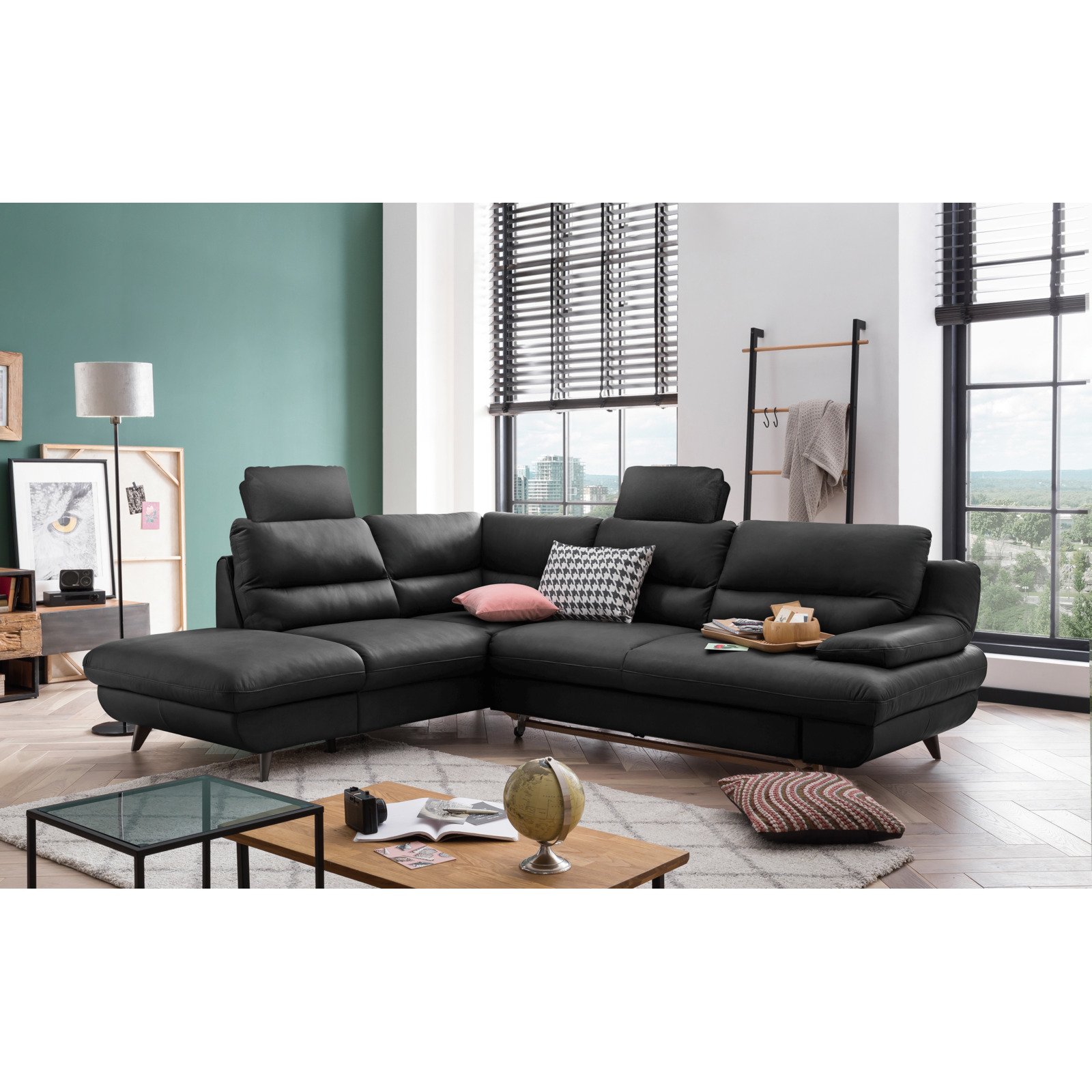 Ecksofa Pike Leder, Ottomane links schwarz