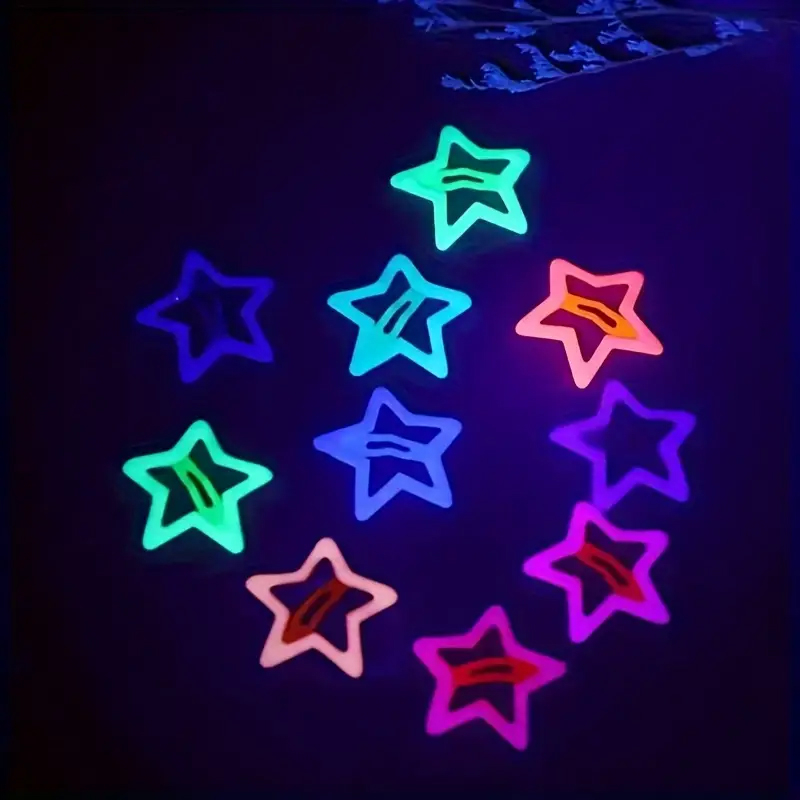 (10er Set) Haarspangen Metall Klammern Neon Clips Glow in the Dark Haarschmuck Fluoreszierend Stern - Bunt
