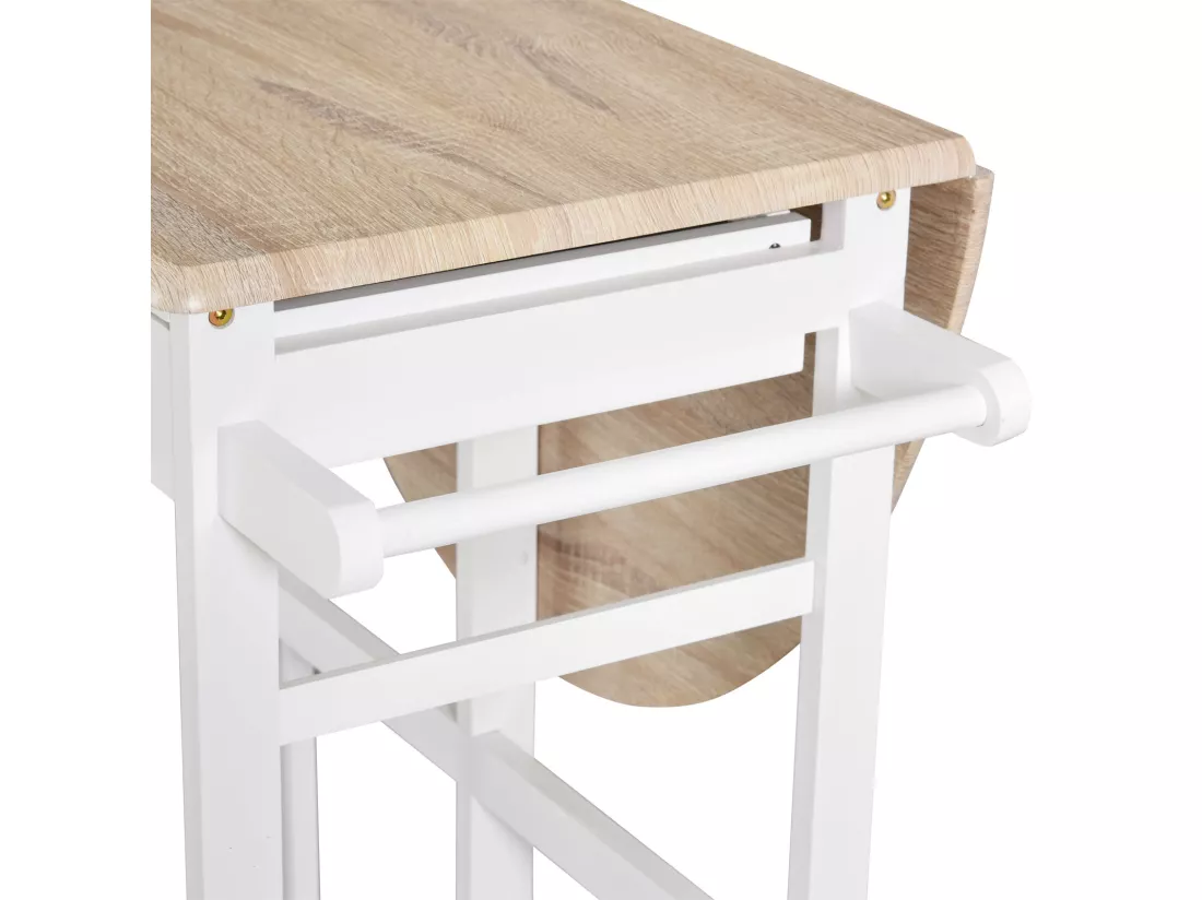 Ensemble table de bar pliable sur roulettes avec étagère et 2 tiroirs + 2 tabourets bois pin MDF blanc chêne clair