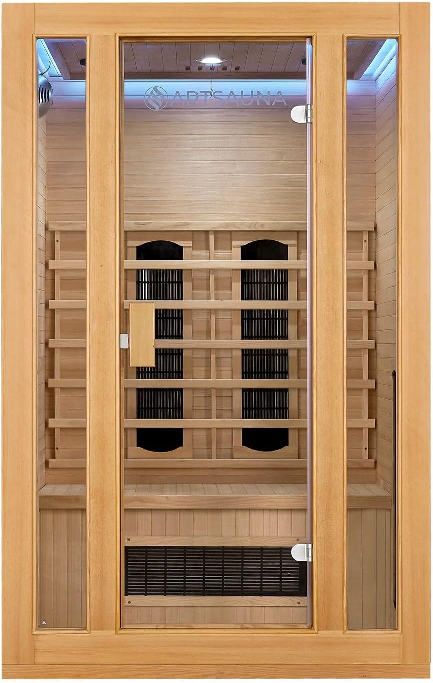 Artsauna Infrarotkabine Nyborg S120K Keramikstrahler & Hemlockholz, 2 Personen, 120 x 105 x 190 cm, LED Farblicht & Glastür, Infrarotsauna Sauna