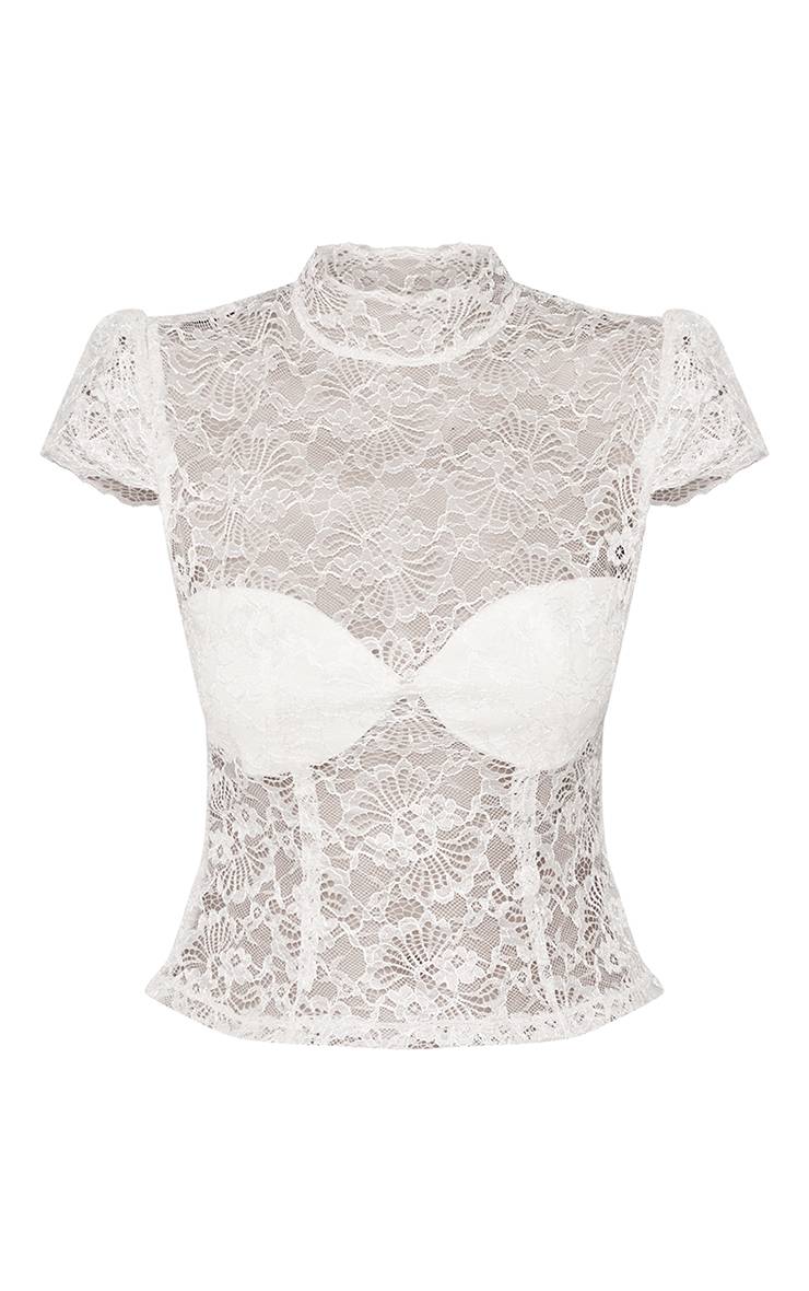 Crème Top En Dentelle À Col Montant Et Manches Courtes