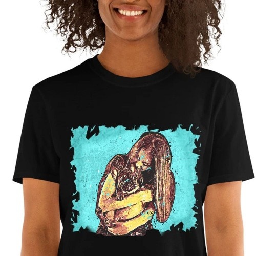 Camiseta feminina Mascochula, estampa personalizada com grafite do seu pet, preta.